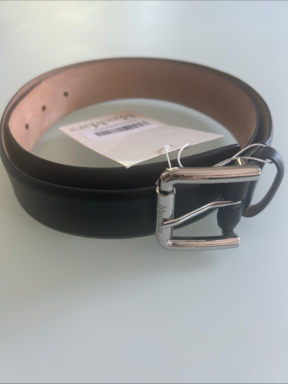 MaxMara Black Leather Belt with Silver-Tone Buckle